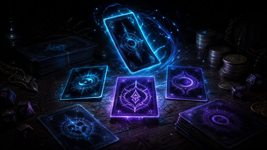 Glowing arcane cards floating above a scarred wooden table