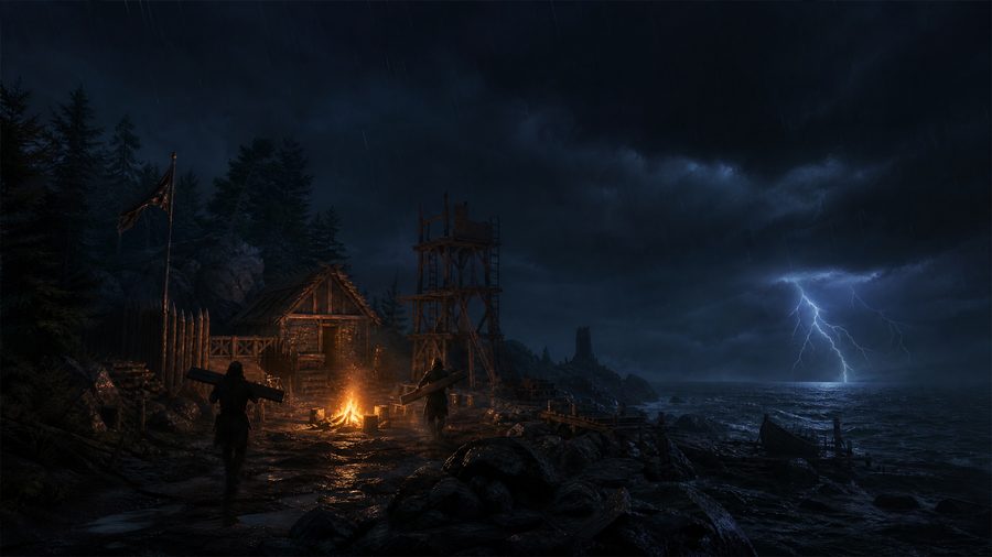 A small timber camp with a campfire on a stormy night shoreline