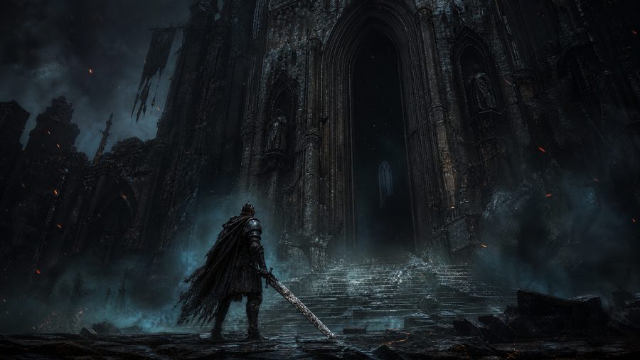 An armoured knight with a chipped greatsword standing before a colossal ruined cathedral doorway in blue mist