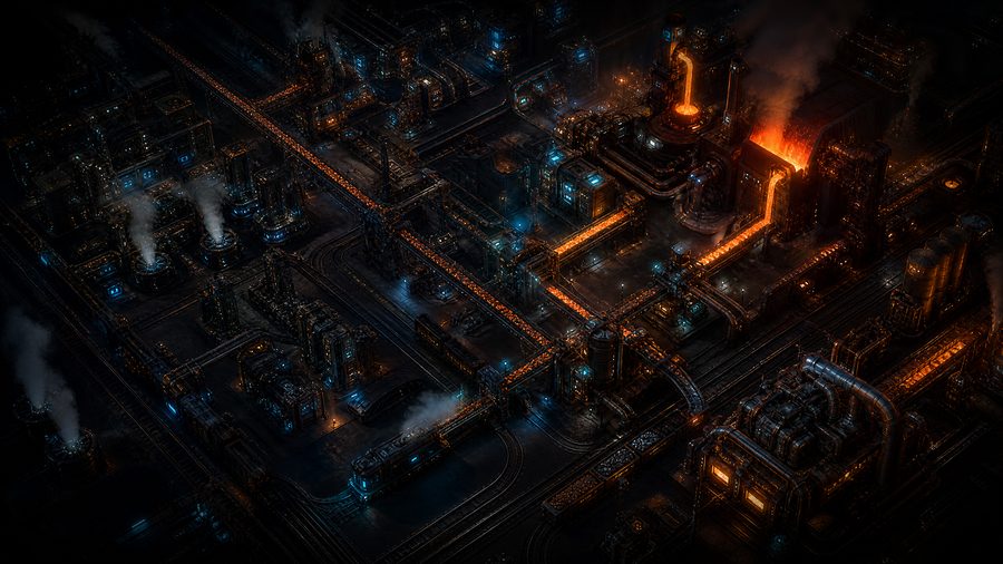 An overhead view of a night-time factory complex with conveyor belts carrying glowing ore between smelters