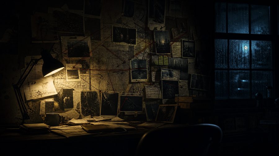 A dim evidence wall covered in pinned photographs and red string under a desk lamp