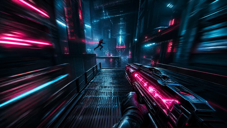 A first-person view along a neon industrial catwalk with heavy motion blur