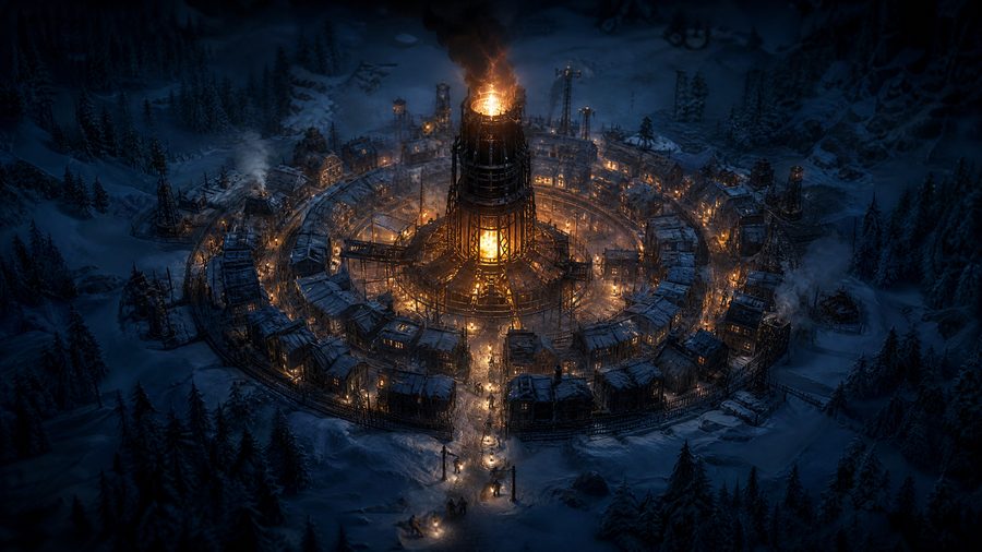 A circular snowbound settlement built around a glowing furnace tower at night