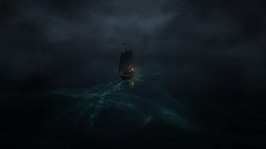 A small sailing ship with a lantern crossing black water above a vast submerged shape