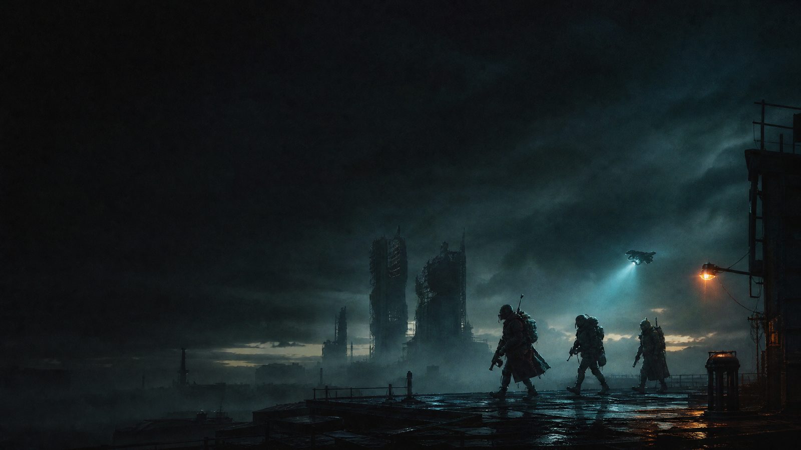 Three armoured scavengers crossing a wet industrial rooftop at dusk